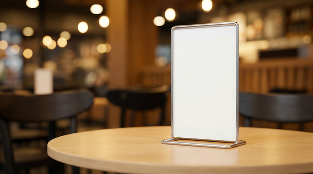 Empty brown wooden table and Coffee shop interior with Mock up Menu frame in Bar restaurant ,Stand for booklets with white sheets of paper acrylic tent card on cafeteria blurred background