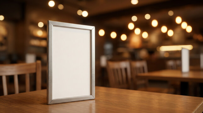 Empty brown wooden table and Coffee shop interior with Mock up Menu frame in Bar restaurant ,Stand for booklets with white sheets of paper acrylic tent card on cafeteria blurred background