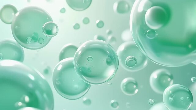 Abstract background featuring floating liquid mint green gel spheres in a soft luminous atmosphere 4K Generative AI