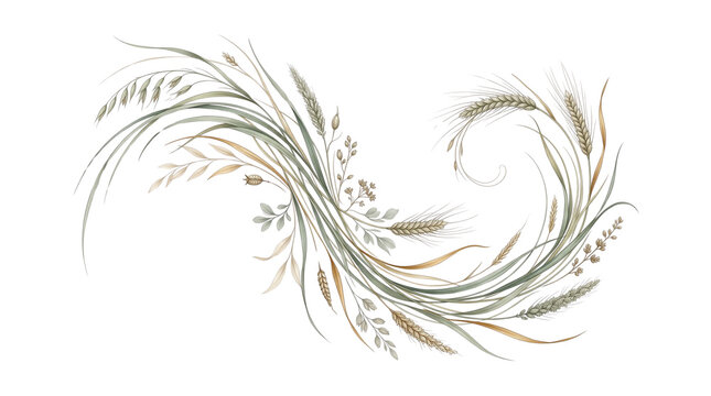 Watercolor wheat grass floral arrangement border, delicate botanical branch swirl illustration, rustic natural background frame