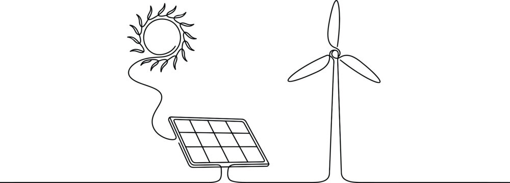 Continuous line drawing of solar panel and wind turbine