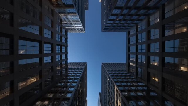 Low angle view looking up at modern dark glass skyscrapers against clear blue sky 4K Generative AI