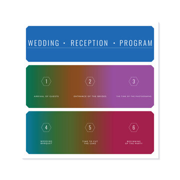 Wedding reception program template vector, modern colorful wedding schedule infographic design, elegant timeline template for marriage events