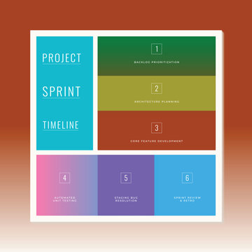 Agile project sprint timeline infographic, colorful management workflow diagram, 6 step process chart template vector layout