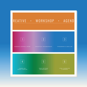 Creative Workshop Agenda Infographic Template, Modern Colorful Business Schedule Graphic Vector, 6 Steps Presentation Banner Layout