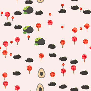 Seamless pattern of lollipops, avocados, and oval shapes