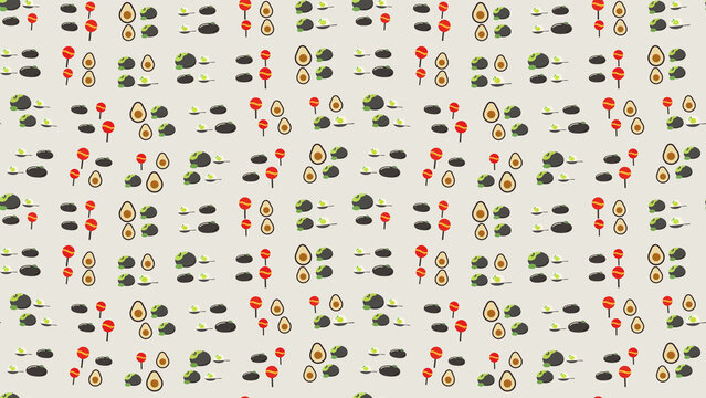 Stylized food pattern with avocados and lollipops