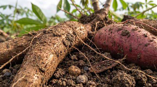Extreme close-up view of tropical edible roots developing naturally beneath rich agricultural soil.
