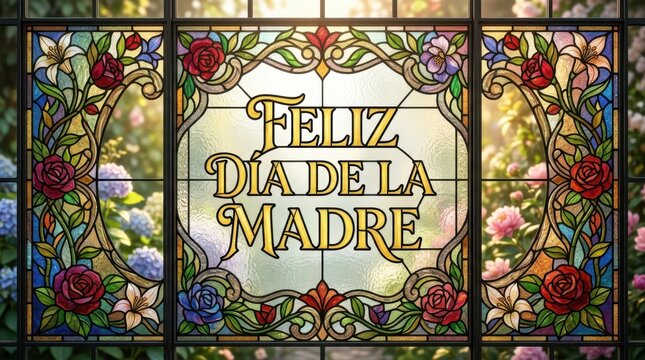 Feliz dia de la madre stained glass window with vibrant red roses, white lilies, and colorful floral framing against a soft garden background.