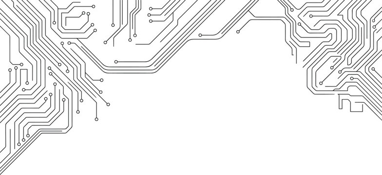 Circuit board pattern border with black lines on transparent canvas.