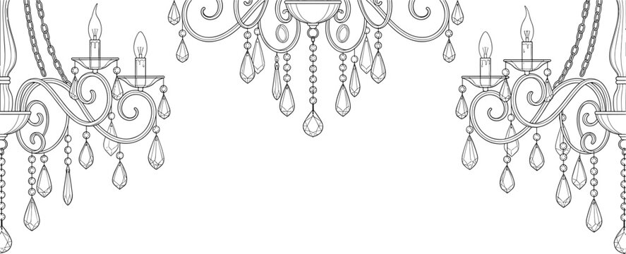 Vintage crystal chandelier line art border on transparent backdrop.
