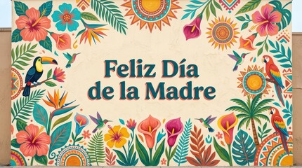 Obraz premium Mexican folk art mural design celebrating Feliz dia de la madre with tropical flowers, hummingbirds, toucans, parrots, suns, and vibrant botanical frame