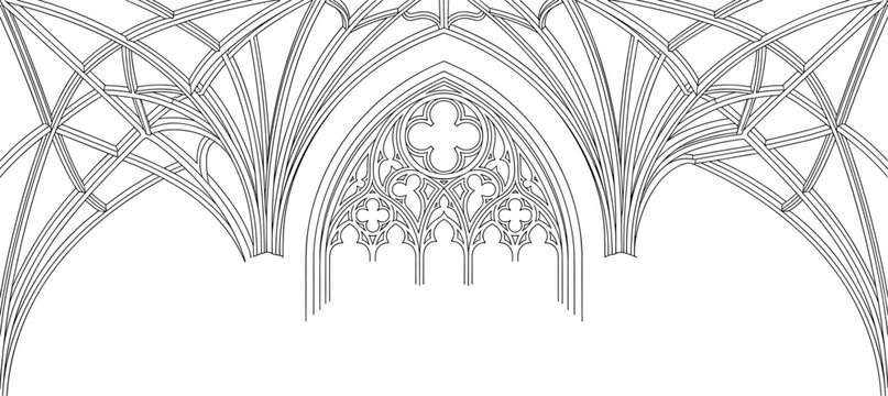 Gothic cathedral arched ceiling vaulting in linear architecture.