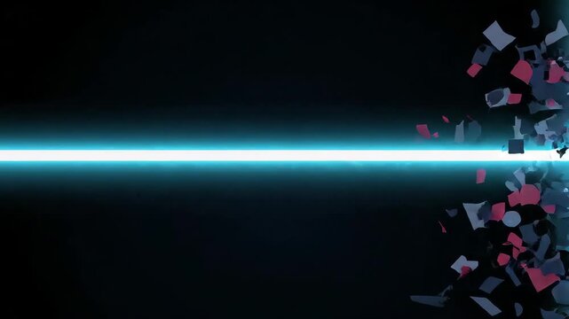 Glowing neon light beam cutting through cluster of floating geometric shapes against dark abstract background