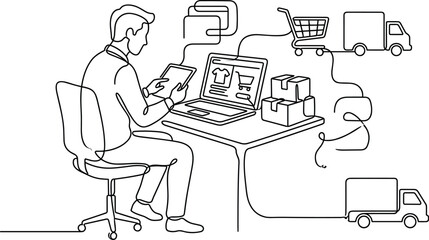 Fototapeta premium Man using tablet and laptop for online shopping connected to delivery trucks