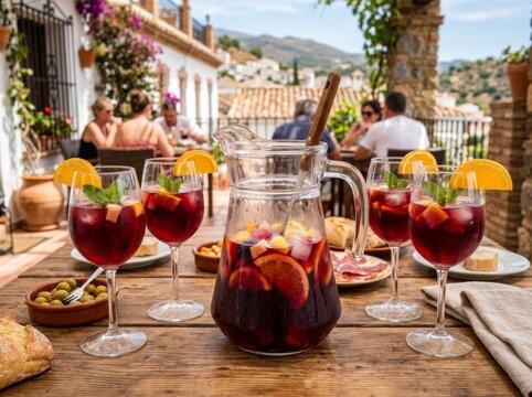 Spanish Sangria Served in Pitcher on Terrace with Glasses