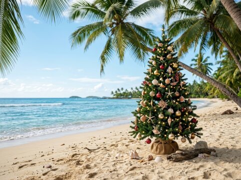 Decorated Christmas tree on a tropical beach