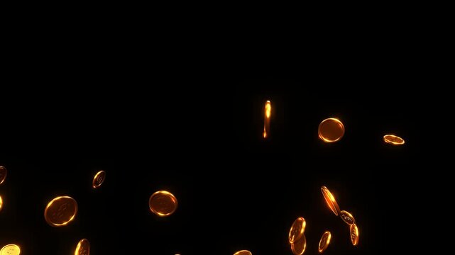 Cinematic 3D animation of realistic gold coins being tossed upwards across the full screen width, reaching a peak, and falling back down with natural gravity physics on a solid black background.