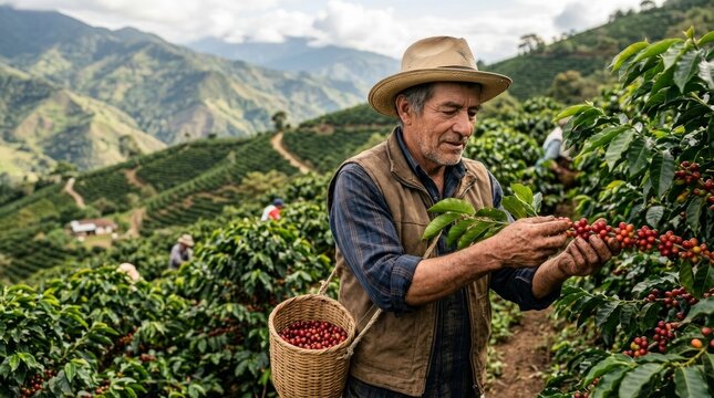 Coffee farmer harvesting ripe cherries in a mountain plantation