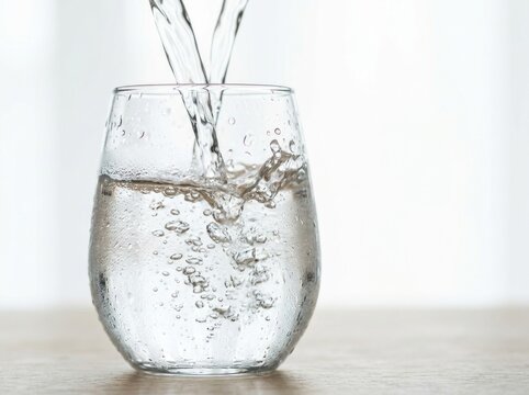 Water pouring into a clear glass on a light background