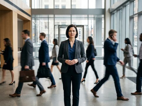 Confident businesswoman standing in a busy office lobby