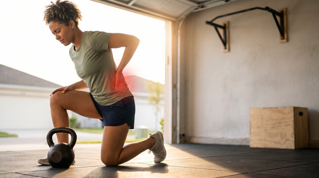 Woman with lower back pain kneeling during home garage gym workout