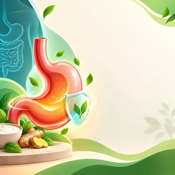 Digestive System Stomach Health Illustration with Natural Wellness Elements