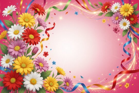 Vibrant floral border illustration with colorful flowers and flowing ribbons on a bright pink background, perfect for festive celebrations.