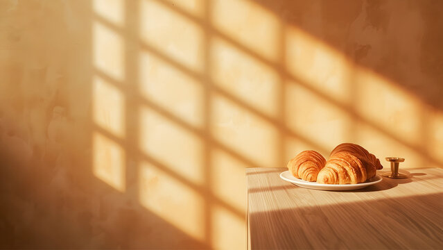 Warm morning sunlight with window shadow and fresh croissants on table