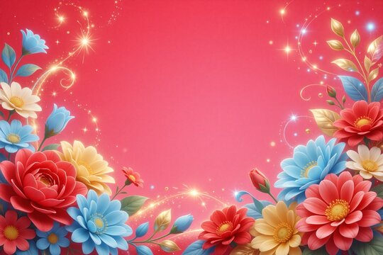 Vibrant floral border illustration with rich red, blue, and gold flowers against a bright pink background, featuring sparkling lights for a festive anniversary theme.