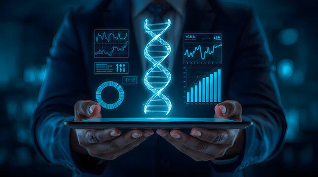 Businessman holding digital tablet with glowing DNA strand and medical data charts representing futuristic healthcare technology and genetic research analysis