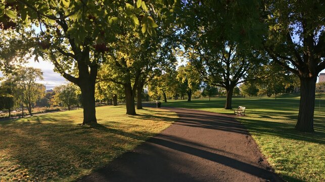 Park path lined with trees in autumn sunlight