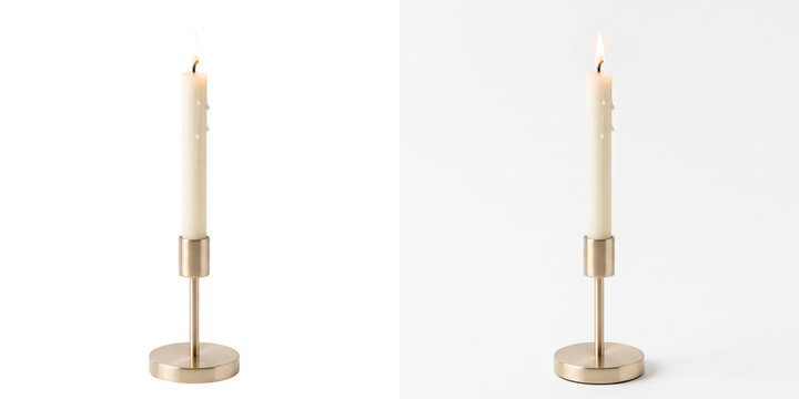 Candlestick in brass with a lit cream taper and wax drips shown as a PNG isolated on a transparent background for commercial holiday design projects