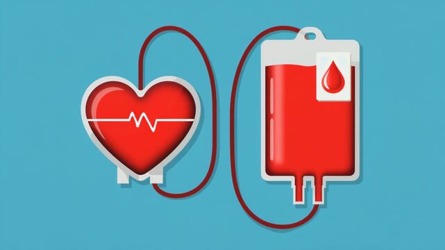 3D Heart and Blood Donation Bag Connected by Tubing, Blood Donor and Healthcare Support Concept