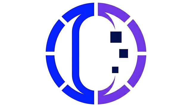Abstract circular digital technology logo design featuring blue and purple gradients with pixelated data elements for modern software branding