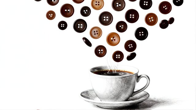 Buttons float like coffee beans, steaming cup below.