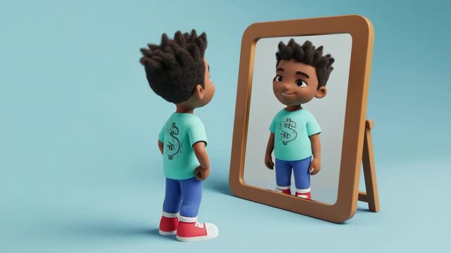 3D Cartoon Child Looking into Mirror and Smiling, Representing Self Image, Confidence, Identity and Personal Development