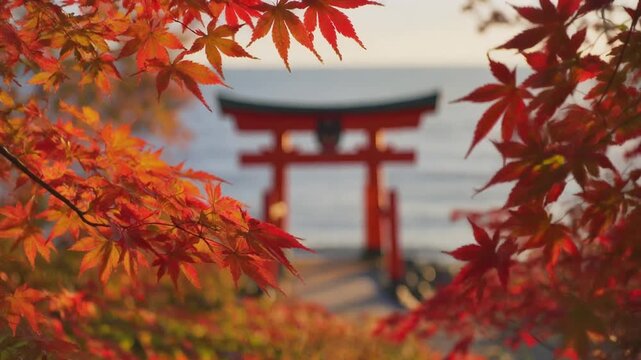 Red and Orange Autumn Maple Leaves in Foreground with Vermilion Torii Gate Standing in Calm Water, Japanese Fall Foliage Travel Background, Vertical