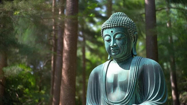 Sunlight Filtering Through Tall Green Trees onto Large Bronze Buddha Statue, Leaf Shadows Moving, Peaceful Zen Meditation Background, Vertical
