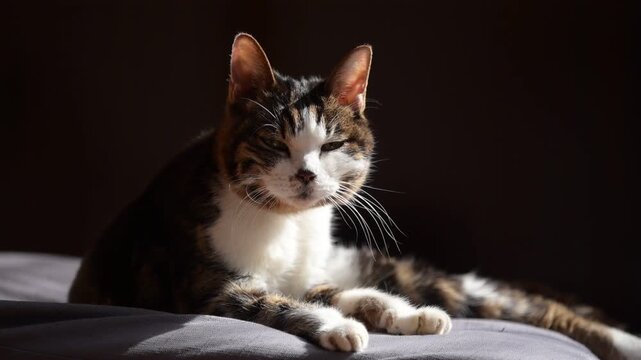 座布団の上でしっぽを振りながらひなたぼっこするキジ猫