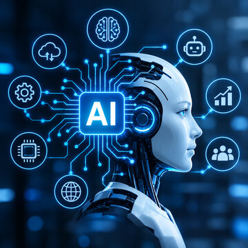 Artificial intelligence concept with humanoid robot head profile, glowing microchip circuit board, and floating futuristic technology icons for modern digital innovation and data science background
