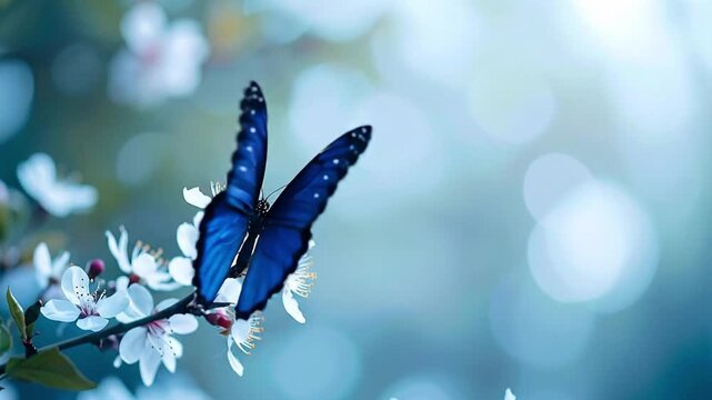 Stunning blue Morpho butterfly taking flight from blooming cherry blossom branch
