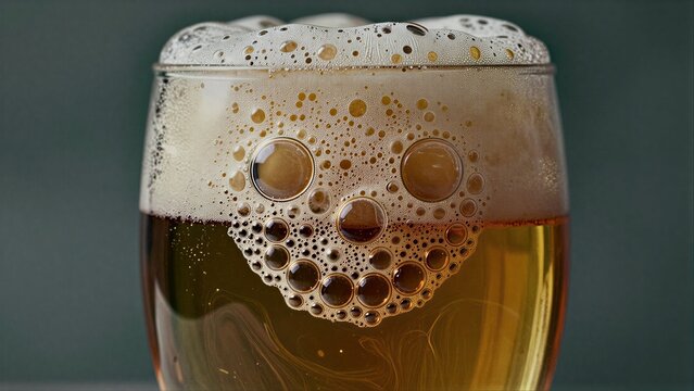 Golden beer with playful foam bubbles forming a smiling face.