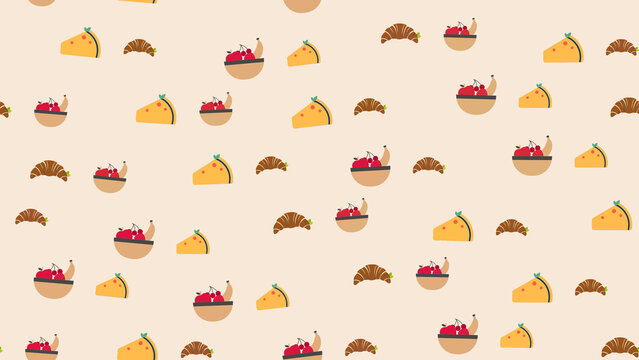 Seamless pattern of food icons: cheese, croissants, and fruit