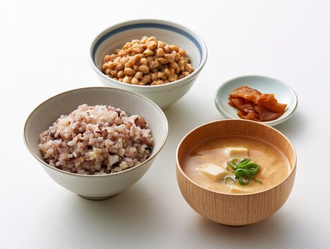 Japanese traditional breakfast,  multigrain rice and tofu miso soup, natto