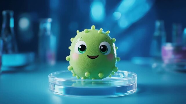 Colorful cartoon lab experiment with bubbling beakers and playful 3D germ character reacting to small safe cartoon explosion