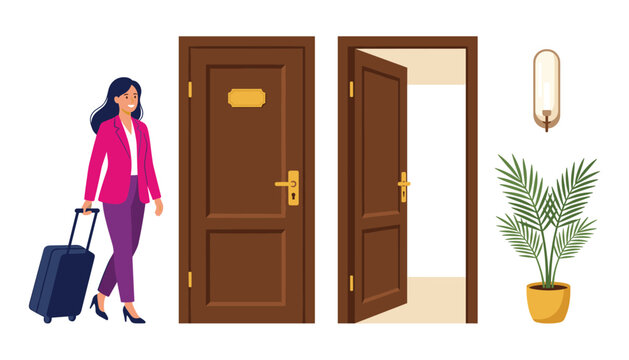 Smiling business woman walking with luggage suitcase next to open and closed hotel room doors wall lamp and potted plant element collection