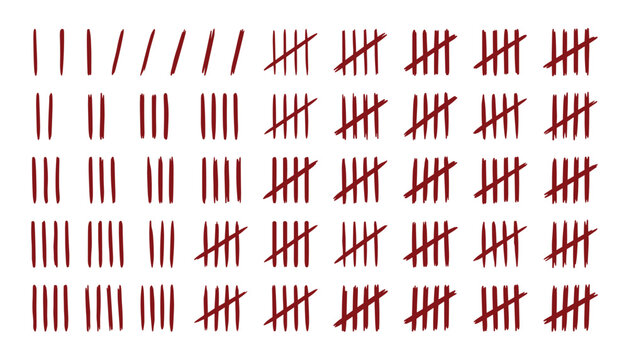 Red Hand Drawn Tally Marks Count Vector Set with Scratch Lines Grouped in Fives Isolated on White Background for Math Prison Scoreboard or Game UI Element
