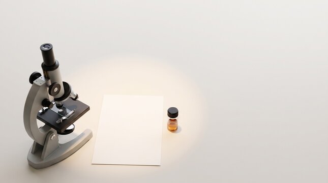 Scientific microscope setup for laboratory test result validation, with ample copy space on a clean white background, ideal for medical research and data presentation