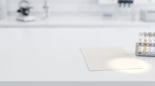 Clean white laboratory workstation with blank paper for crucial laboratory test result validation copy space, ideal for medical research and scientific findings presentation and documentation